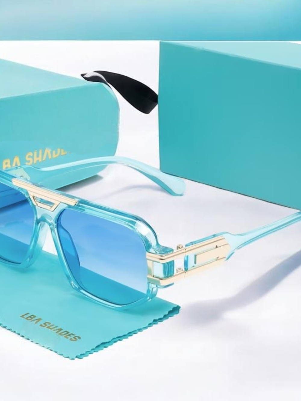Stunt ∆!!Aqua Blue Transparent Sunglasses with Gold Accents With All Accessories